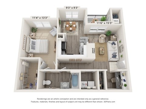 Floor plan for 1 bed, 1 bath, 831 sqft